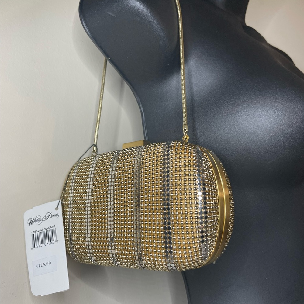 New With Tags Whiting & Davis Gold & Silver Two-Tone Metal Mesh Box Clutch@